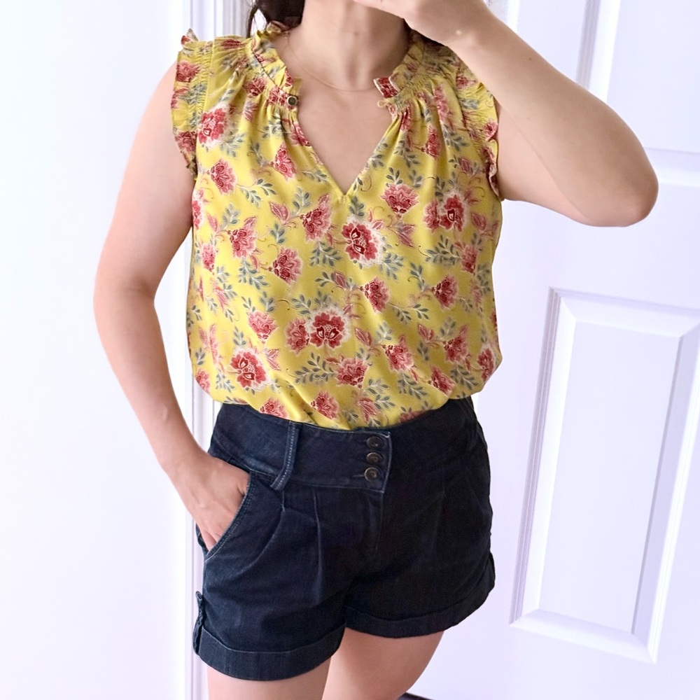3for$15 LOFT Yellow and Pink Floral Blouse with Ruffled Details